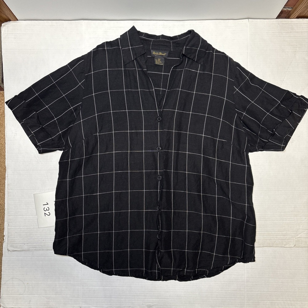 Ashley Stewart Women's 16W Black White Windowpane Plaid Linen Blend Button Up
